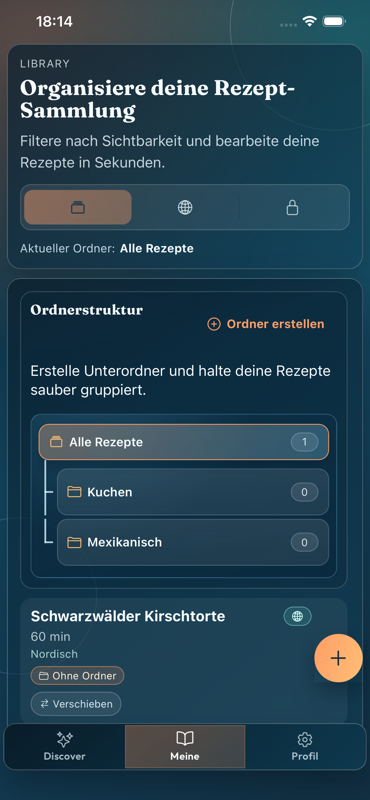 BiteBook recipe library with folder structure and visibility filters