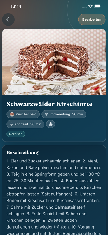 BiteBook recipe view with image, ingredients, and cooking details