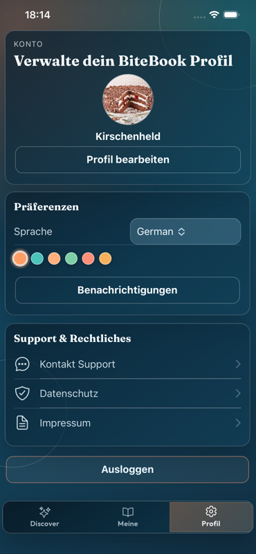 BiteBook settings screen with profile, language, themes, and support sections